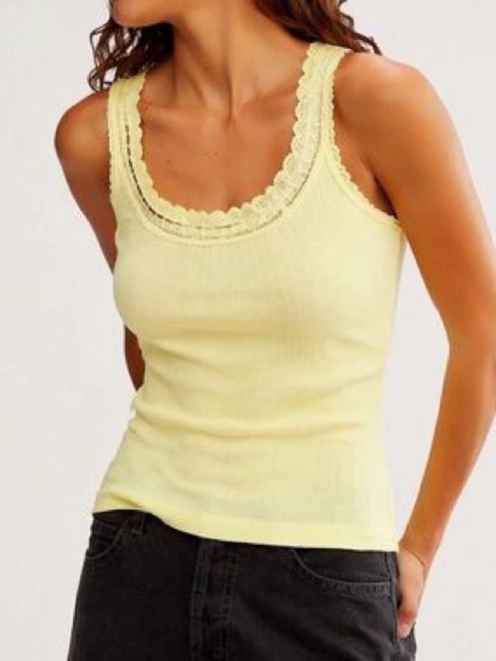 Intimately By Free People Lace-Trim Ribbed Tank Top — Yellow